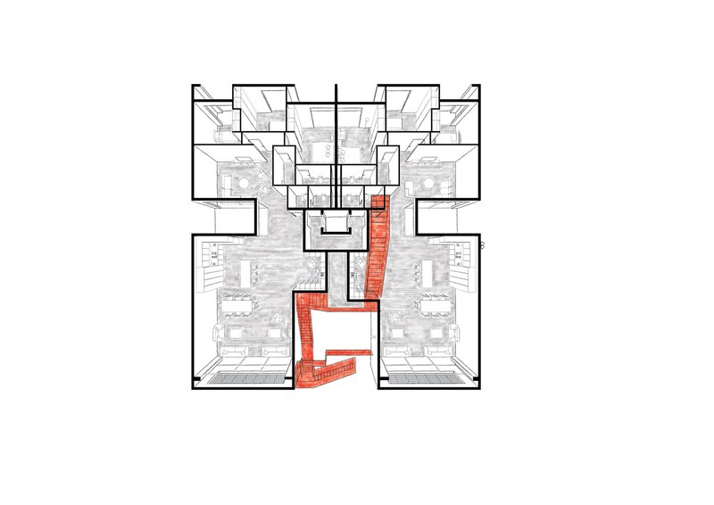 Floor plan drawing showing residential units surrounding a central circulation core with red highlighted staircase