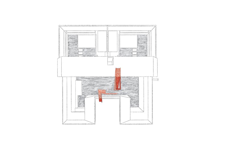 Axonometric drawing revealing the multi-story staircase in red connecting upper residential levels