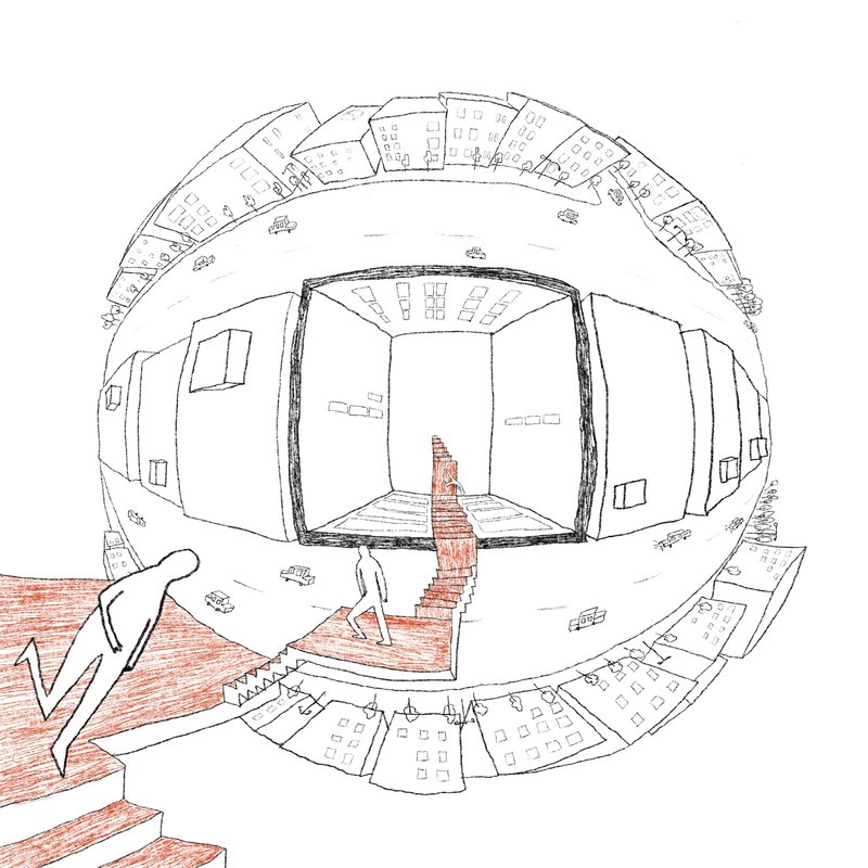 Axonometric drawing of circular floor plan with central volume and radial staircase in red