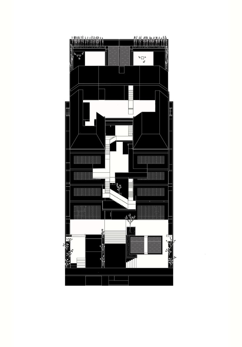 Section drawing displaying the vertical arrangement of units with central staircase and circulation