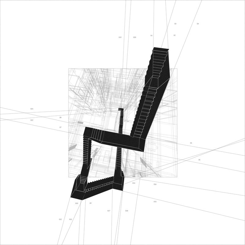 Axonometric drawing of three intersecting stair volumes with construction grid overlay