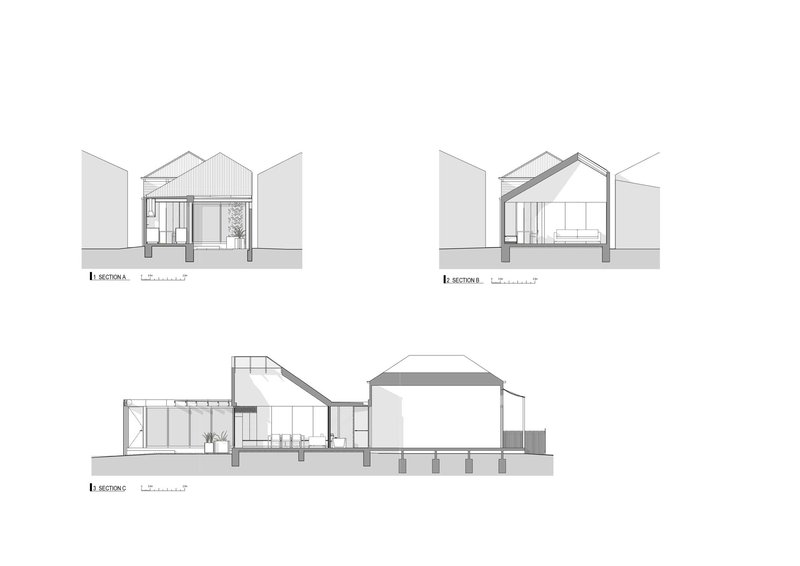 Section drawings revealing interior volumes with gabled roofs and a double-height space