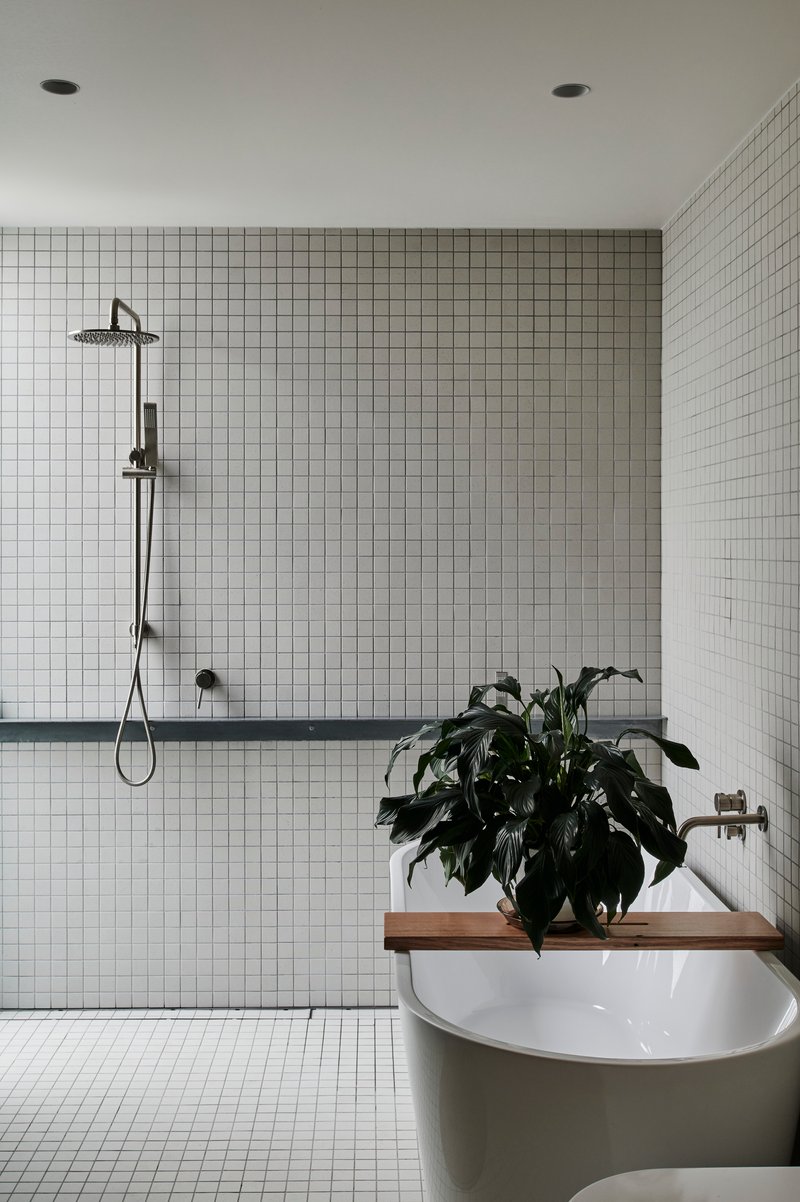 Bathroom with white square mosaic tile walls and a timber shelf supporting a large potted plant