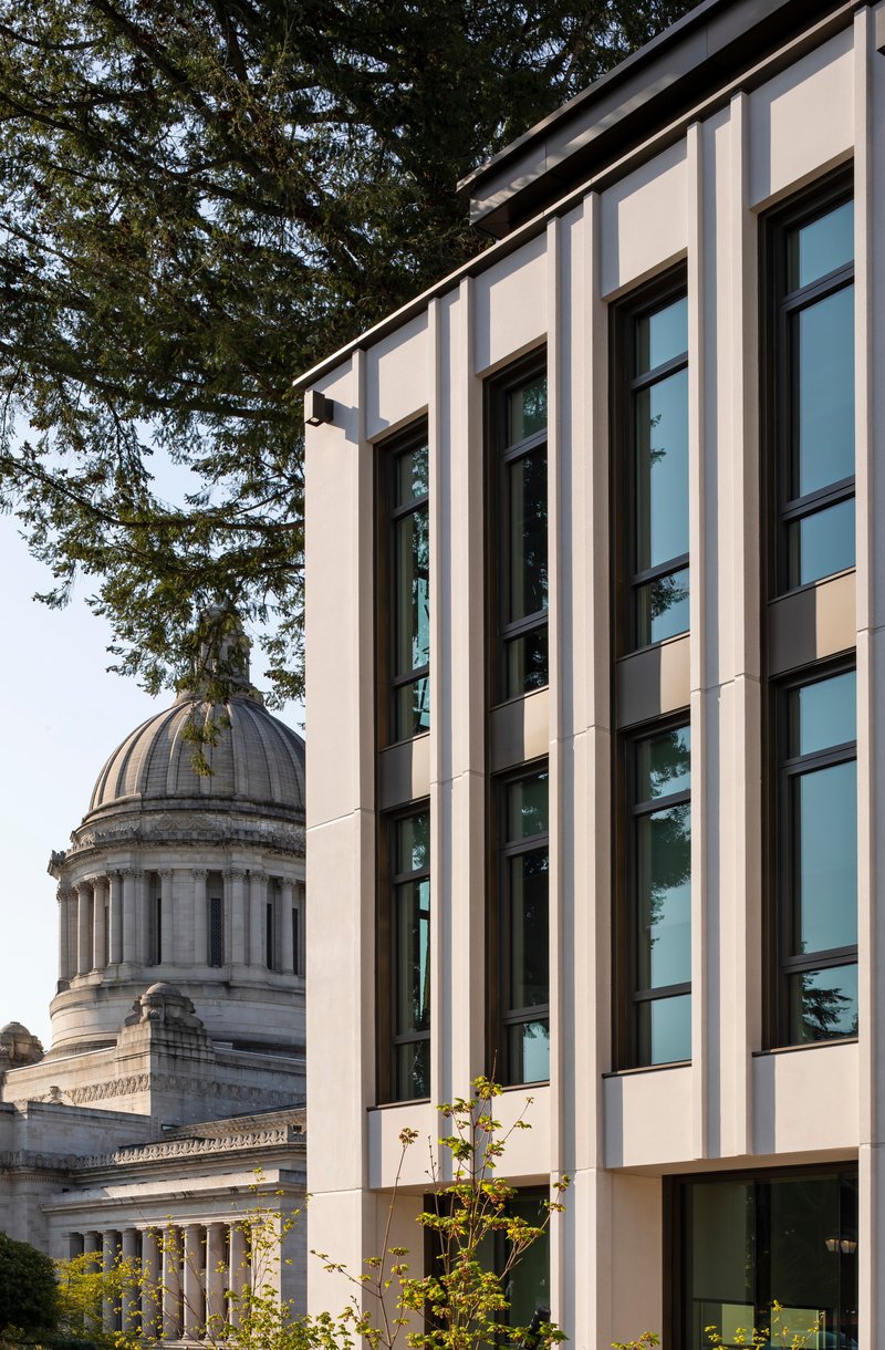 Vertical banded facade alongside a mature evergreen tree with a domed capitol structure visible beyond