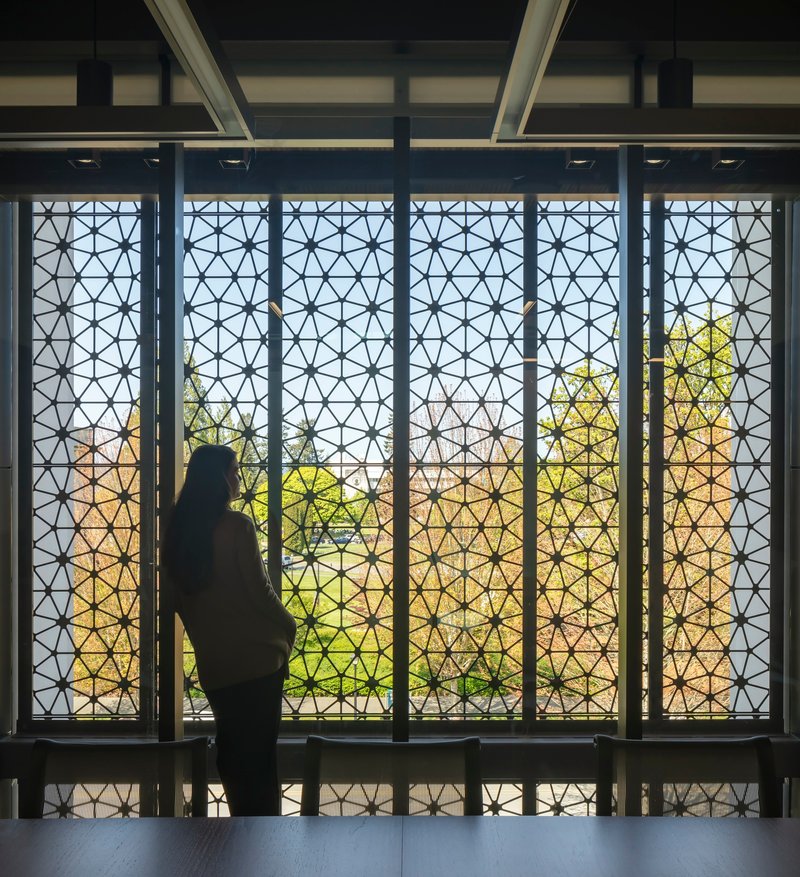 Silhouetted figure standing before patterned metal screens with autumn foliage visible beyond