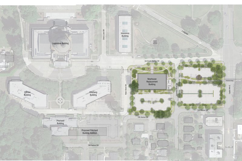 Site plan drawing showing existing campus buildings and proposed parking area with tree plantings