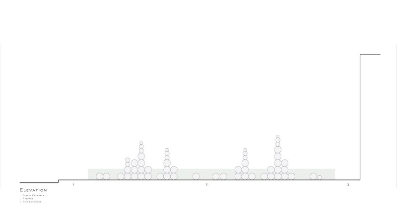 Elevation drawing depicting stacked circular forms of varying heights along a horizontal datum line