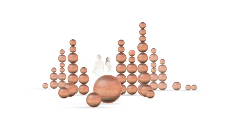 Grouped timber sphere towers with two figures walking between the sculptural elements