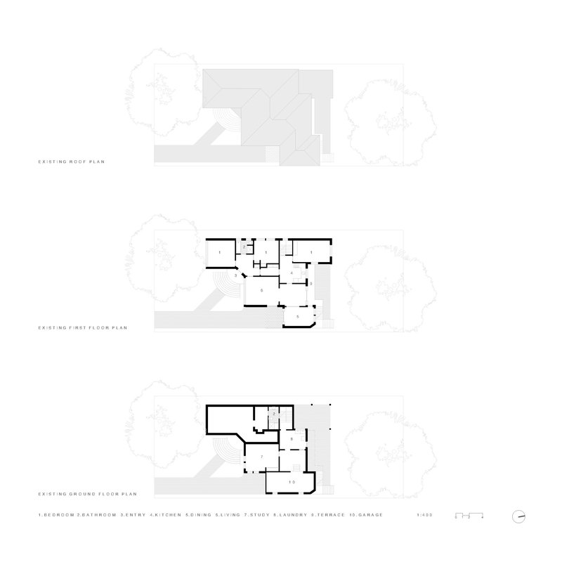 Floor plan drawings showing existing roof plan and first floor layout with surrounding tree canopies