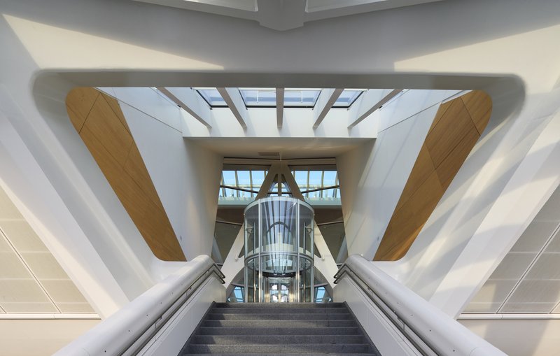 Central staircase flanked by white angular structural ribs and timber-clad columns under skylights