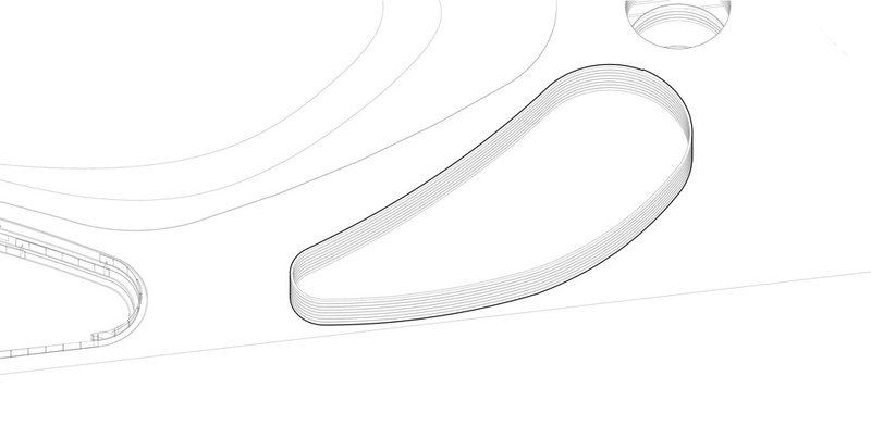 Axonometric line drawing showing two oval roof forms with striped layering