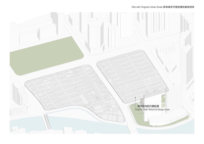 Site plan drawing showing two gridded volumes within surrounding urban fabric and green spaces