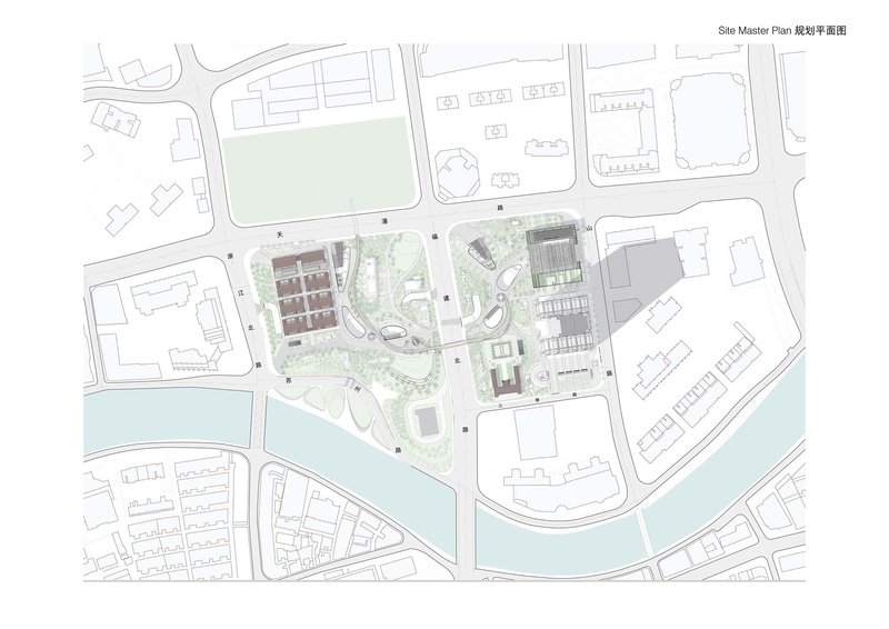 Master plan drawing showing building clusters with landscaping along a curved waterway