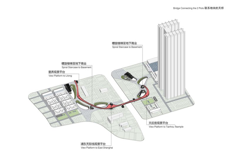 Isometric drawing illustrating curved pedestrian bridge and spiral staircases connecting tower to lower plaza levels