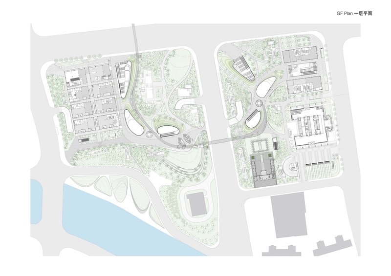 Ground floor plan drawing showing landscaped park with curving paths, water feature, and building footprints