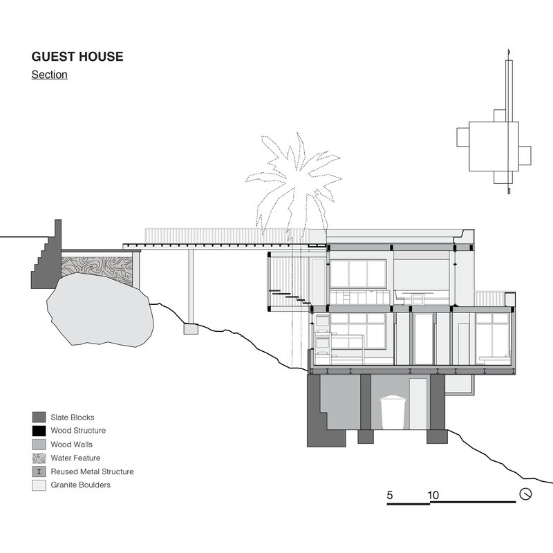 Section drawing revealing multi-level structure stepping down hillside with palm tree and water feature indicated