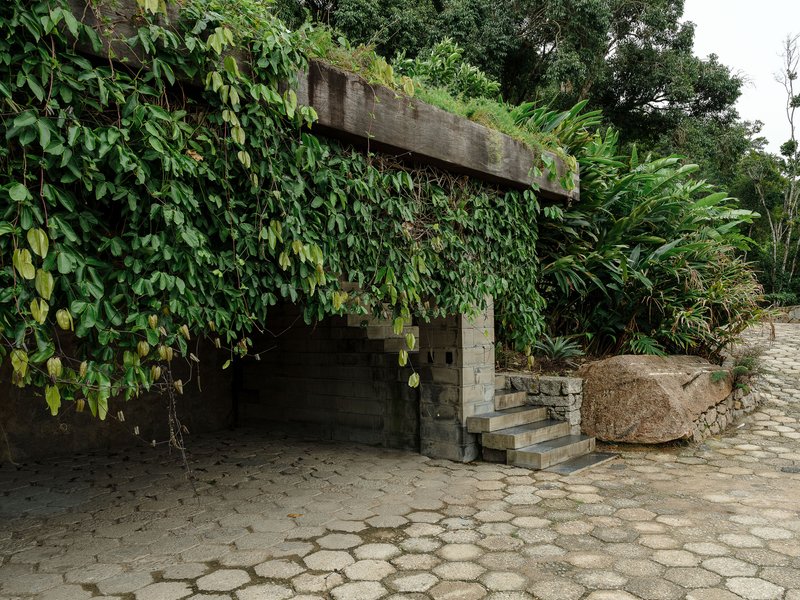 Concrete overhang draped with vines above hexagonal paving stones and a boulder at dusk