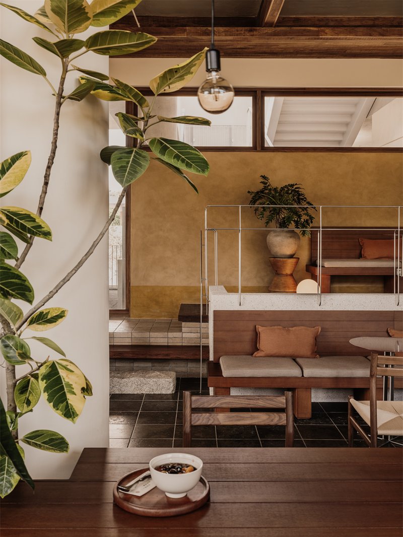 Interior view through timber-framed opening showing banquette seating, exposed ceiling beams, and potted rubber plant in foreground