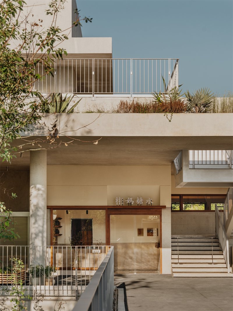 Street facade showing concrete cantilever with planted terrace and metal railing above entrance