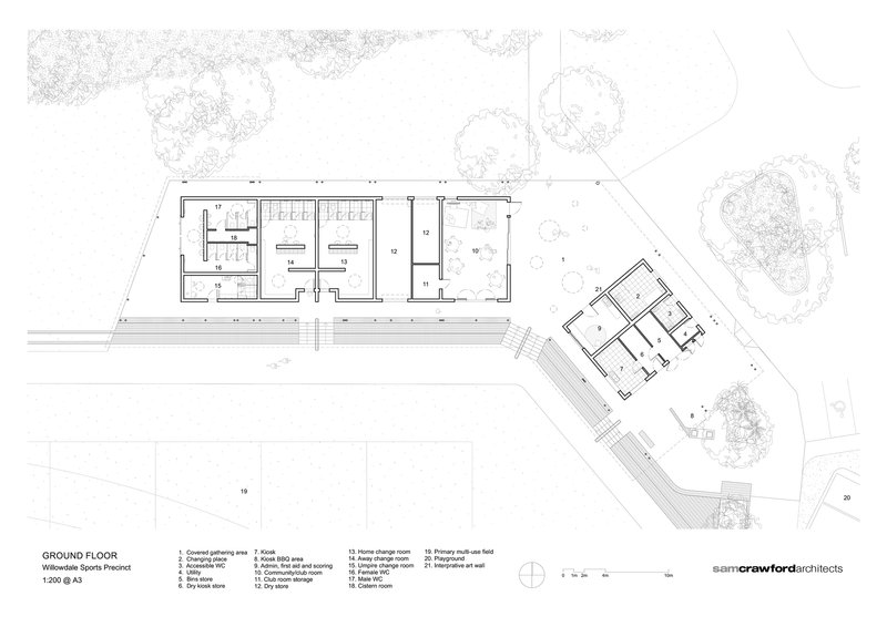 Ground floor plan drawing showing two rectangular pavilions with rooms and surrounding landscape