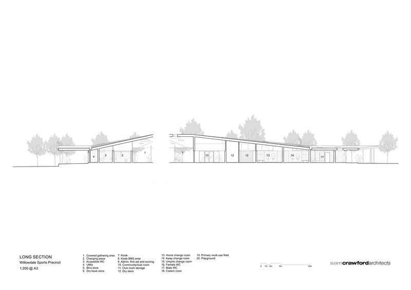 Long section drawing showing the low-pitched roof profile and interior spaces with trees in silhouette