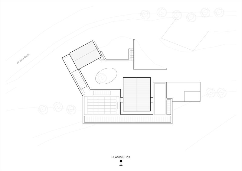 Site plan drawing showing building footprints with an oval pool and surrounding trees
