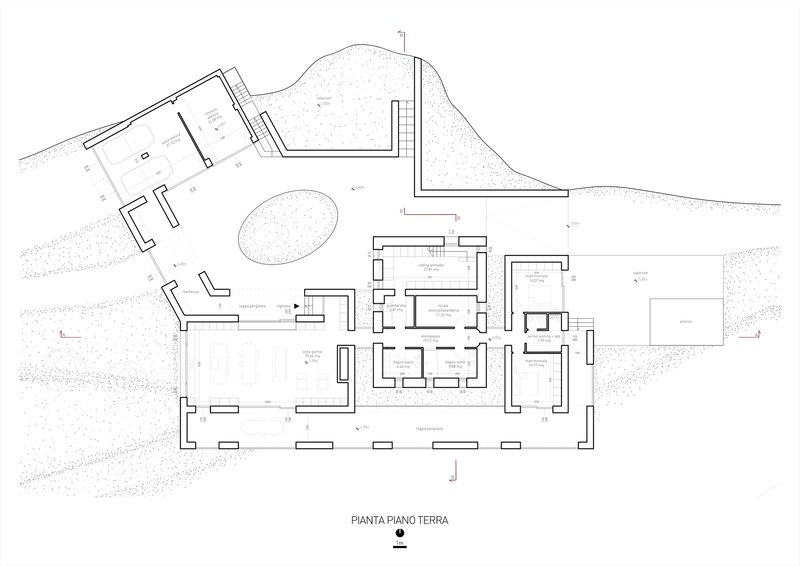 Ground floor plan drawing showing interior room divisions with an oval pool and topographic contours
