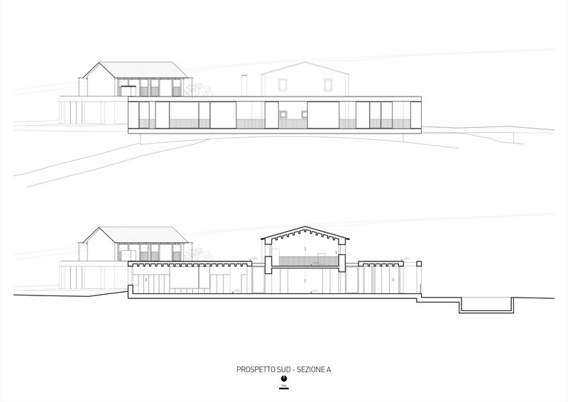 Section drawing showing a horizontal volume with glazed openings and gabled forms above the main structure