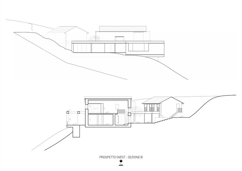 Section drawing illustrating the building stepping across a sloped terrain with varied roof forms