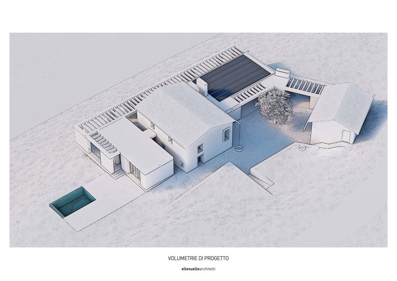 Axonometric view showing the white volumes and dark solar panels over a courtyard with a single tree