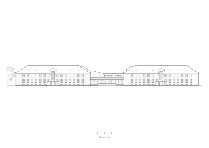 Elevation drawing depicting two symmetrical wings with pitched roofs flanking a lower central connector