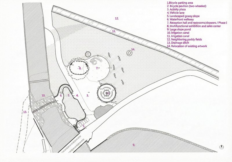 Site plan drawing showing circular pavilions, pathways, ponds and irrigation canals within a triangular plot
