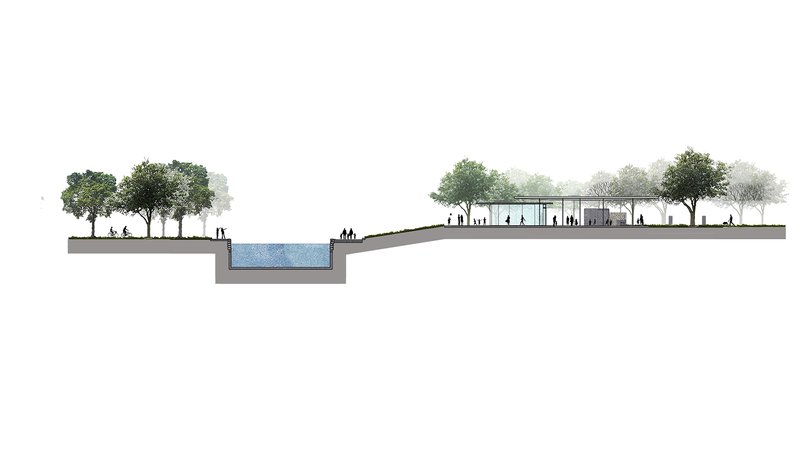 Section drawing showing a pavilion with trees, figures and a sunken water feature