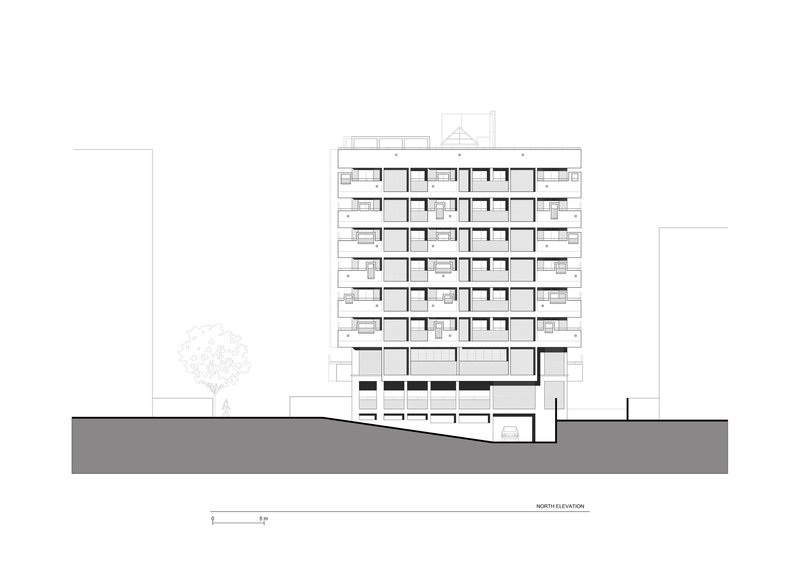 North elevation drawing of a multi-story residential building on sloping terrain with a single tree
