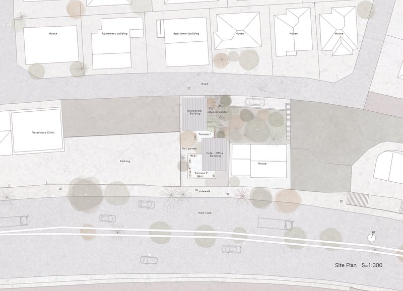Site plan drawing showing apartment buildings, houses, terraces, shared garden, and parking along a curving main road
