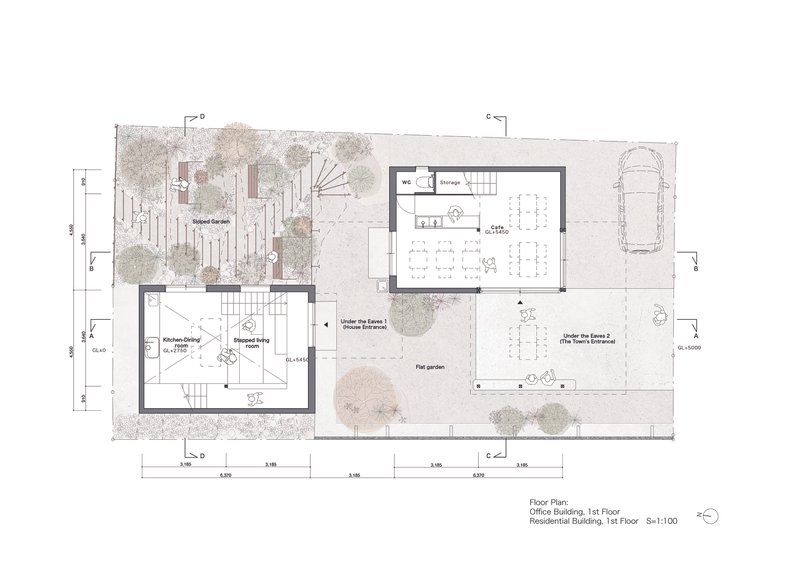 Floor plan drawing showing two volumes with workspaces and a central flat garden with trees