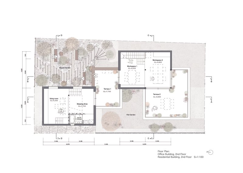 Second floor plan drawing showing workspace volumes and terraces surrounding a central flat garden