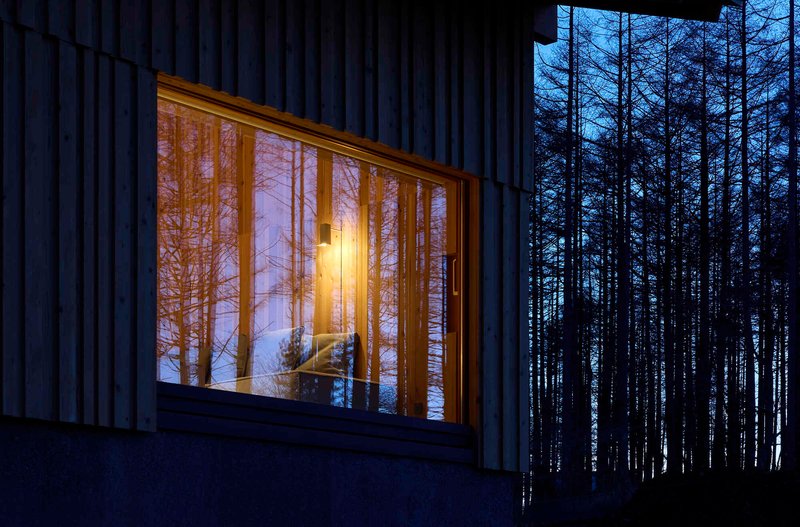 Timber-framed window reflecting interior light among snow-dusted pines at dusk