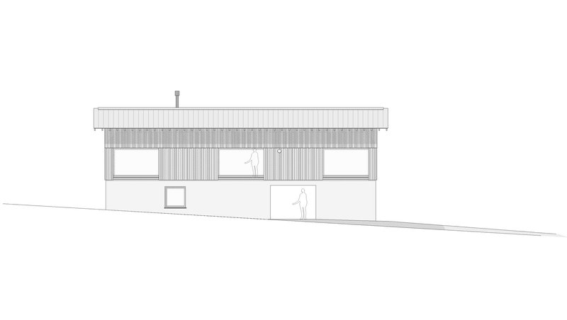 Elevation drawing showing two-story volume with vertical cladding and three upper windows