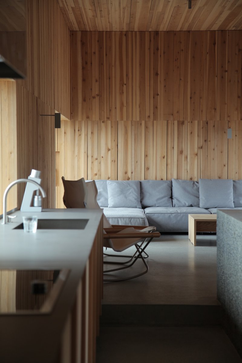 Living space with vertical timber walls, ceiling, and grey sofa in natural light