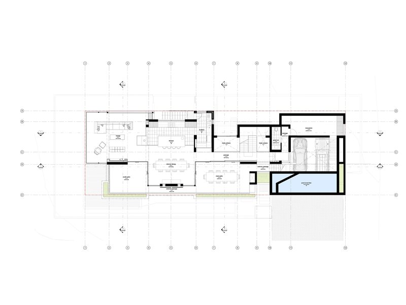 First floor plan showing bedrooms, terraces, and pool indicated by blue shading