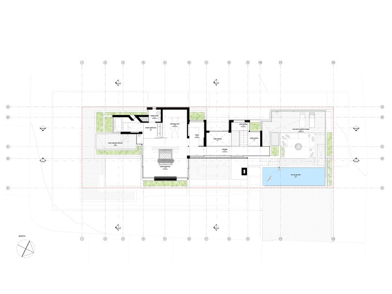 Second floor plan showing split-level layout with planted terraces and blue pool at right