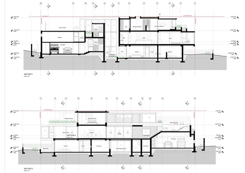 Building sections showing multi-level interior spaces, staircases, and sloped topography beneath