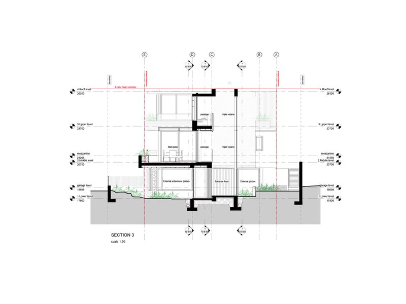 Section drawing showing split-level interior spaces with planted courtyards and stepped floor plates