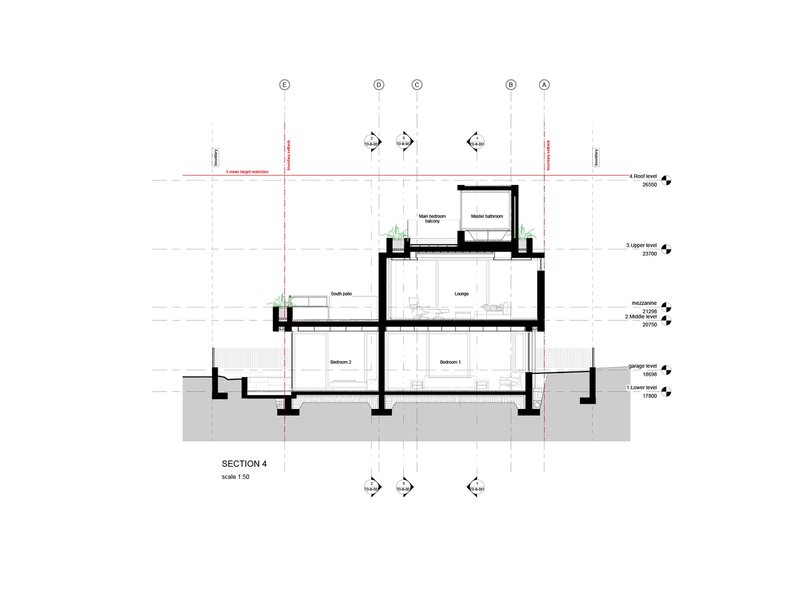 Section drawing revealing bedroom layout across two levels with double-height lounge space