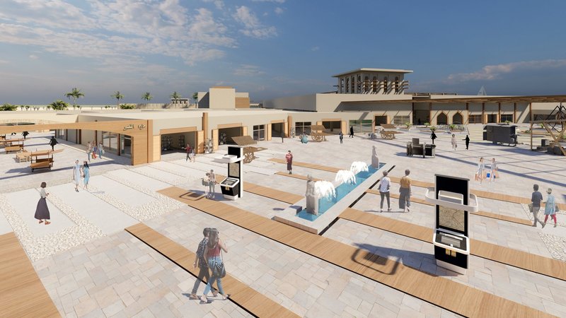 Open public plaza designed to merge retail, culture, and social interaction within a climate-responsive environment.