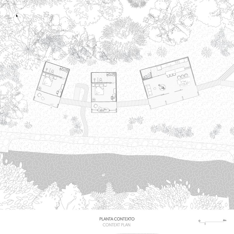 Site plan drawing showing three pavilions linked by a walkway along a waterfront with vegetation