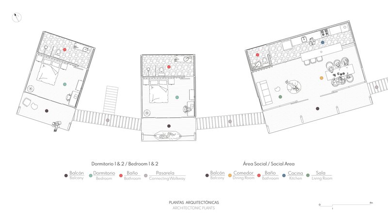 Floor plan drawing showing three linked pavilions with bedrooms, bathrooms, and social areas