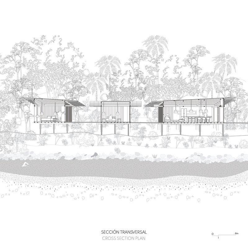 Cross section drawing showing three elevated pavilions on stilts surrounded by tropical forest vegetation