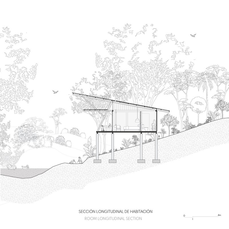 Longitudinal section drawing showing a two-story structure on sloping terrain with palm trees and tropical vegetation